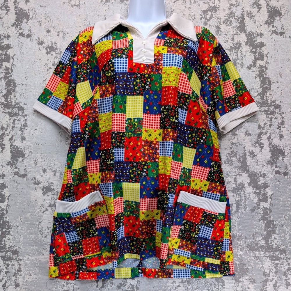 Vtg Crest Patchwork Quilt Print Collared Short Sleeve Tunic Top Pockets‎ Large